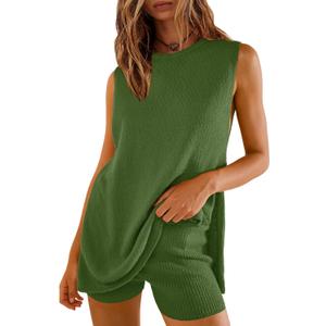 SENSERISE Womens Summer Sweater Sets 2 Piece Beach Vacation Outfits Top Shorts Ribbed Knit Lounge Sets (Medium, Dark Green)