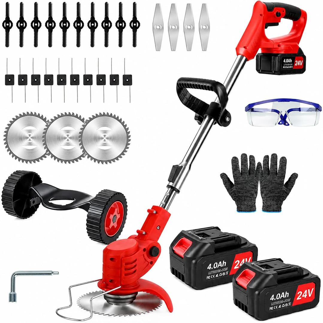 Weed Wacker Cordless,24v Electric Weed Eater Battery Powered with 2 4.0 Ah Batteries,Lightweight Weed Wacker with Wheels & Blade,3 in 1 String Trimmers for Women,Lawn Care,Garden,Yard, 47 inches