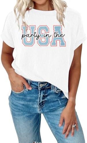 4th of July Shirts USA Shirt: Women American Flag Tshirt Party in The USA Patriotic Tee Independence Day Knitted Casual Tops size L