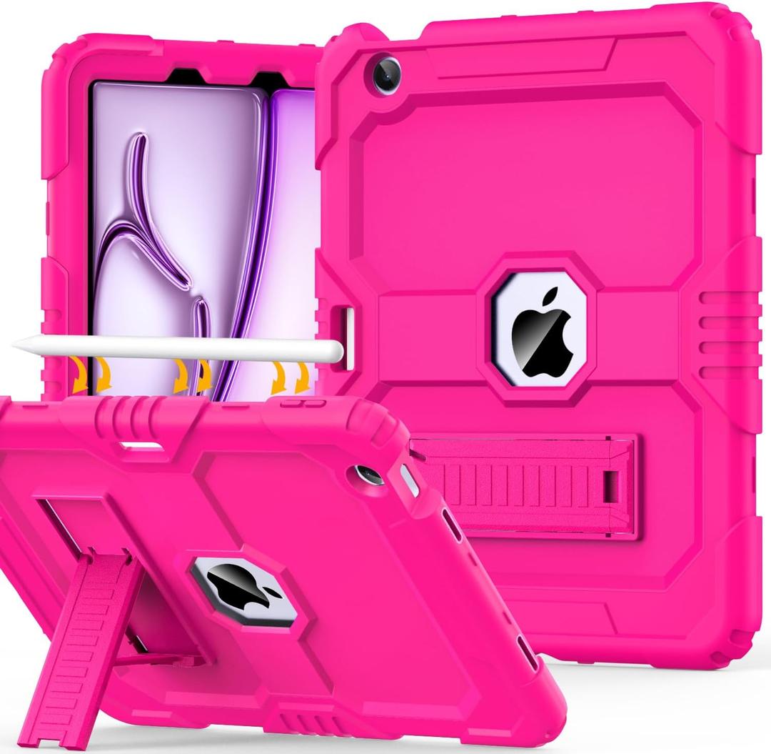 OKP Case for iPad Air 11-inch M2/ M3 (2024/2025) (Air 6th), for iPad Air 5th/ 4th Generation (2022/2020) 10.9'', Heavy Duty Rugged Air 6 5 4 th Gen iPad Cover with Pencil Holder/Kickstand, Hot Pink