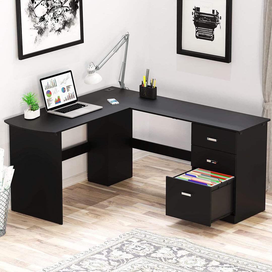 SHW 51 x 59 Inches L-Shaped Home Office Wood Corner Desk with Box Box File Drawers, Black