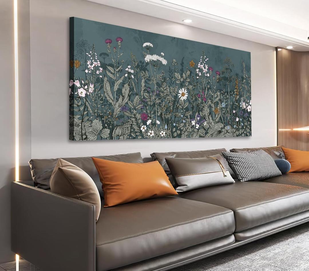 NINEASO Botanical Canvas Wall Art - Dusty Blue Wildflower Nature Pictures Bloom Floral Wall Decor Flower Plants Painting Print Artwork for Living Room Bedroom Home Office Decorations 20" x 40" (40L" x 20W", Dusty Blue Botanical Meadow)