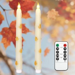 Fall Flameless Taper Candles with Remote & Timer, 11 Inch Pure Hand-Made Embossed Craft Maple Leaf LED Taper Candles for Home Party Autumn Decorations, Set of 2