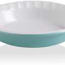 Sweejar Ceramic 10.4 Inch Pie Pan, Deep Porcelain Round Dish, Non-Stick Baking Plate for Pumpkin and Apple Pies, Farmhouse Design (Turquoise)