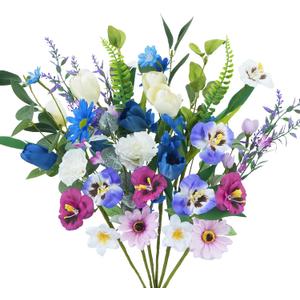 6 Bundles Pansy Artificial Flowers Bouquet Mix Blue & White Tulips 19.7" Spring Summer Fake Flowers Daisy Wildflowers Colorful Silk Floral Arrangements for Home Kitchen Garden Table Centerpieces Decor