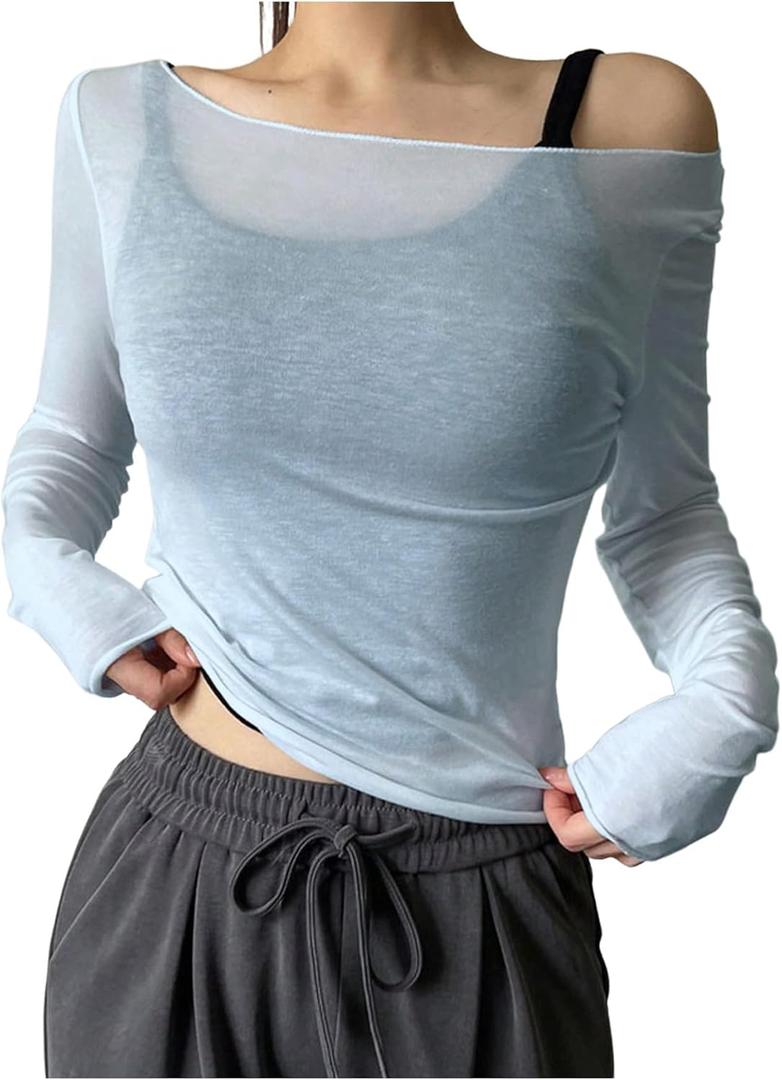 QJQ Women's Sheer Mesh Off The Shoulder Tops Long Sleeve See Through Shirts Going Out Party Club Outfits (Light Blue), Small