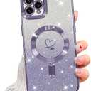 NITITOP Compatible with iPhone 12 Pro Case Cute Clear Glitter [Compatible for MagSafe] Plating Heart Sparkle Bling Magnetic Girl Women Electroplated Frame Camera Protection Back Cover - Purple