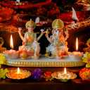 Ganesha Laxmi Statue Indian God - 5.3H Marble Finish Indian Idol Lakshmi Ganesh Statue w/LED Diyas Diwali Gifts Diwali Decor Home Office Puja Item Hindu Altar Mandir Temple Pooja Murti