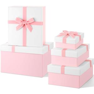 Cholemy Pink Valentine Velvet 5 Pcs Square Gift Boxes with Lid and Ribbon Assorted Size Nesting Decorative Box Wrap for Present Wedding Graduation Birthday Anniversary Party Favor