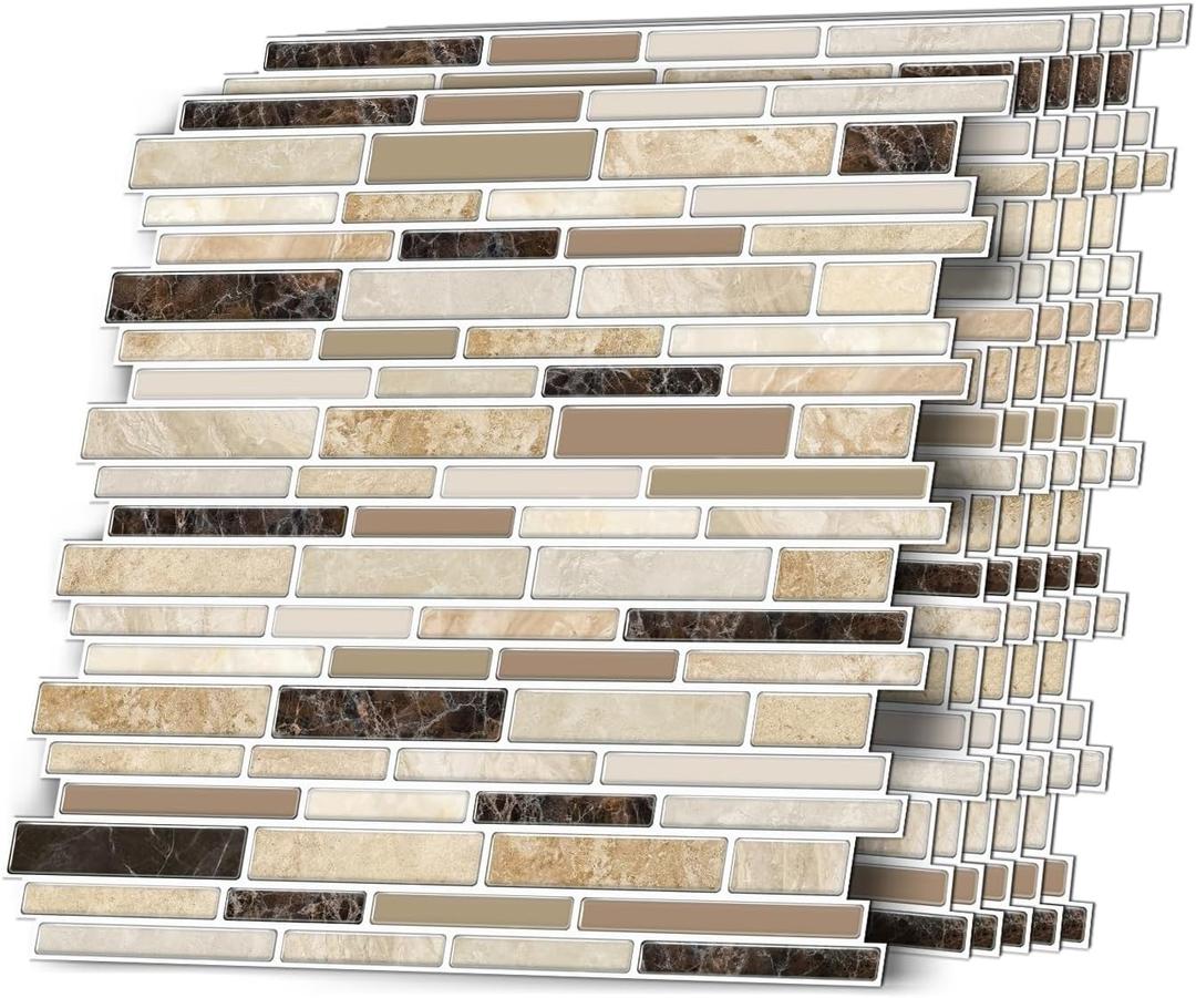 12-Sheets Peel and Stick Tile Decals 1212 Stick on Backsplash for Kitchen, Wall Stickers Vinyl Waterproof Self Adhesive for Bathroom Laundry Room (Beige & Yellow & Brown) (12 x 12 inch (Marble style), Spt-004)