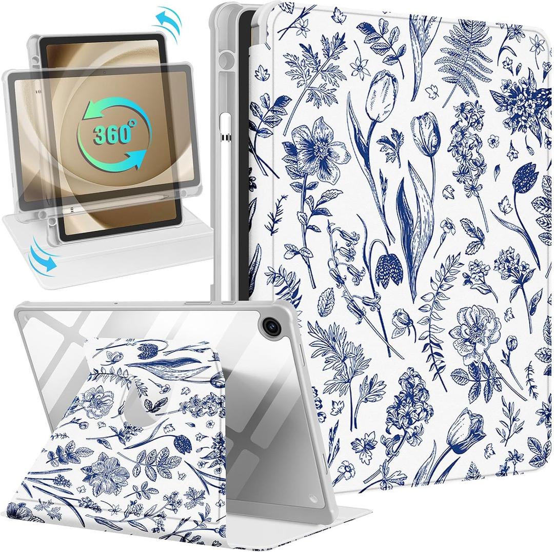 Kidcube for Samsung Galaxy Tab A9 Plus Case 11 Inch for Women Girls Cute Folio Cover with Pencil Holder Floral Flower Pretty Girly Design Rotating Stand for Tab A9+ Plus Tablet Case SM-X210/X216/X218