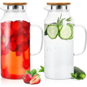 2 Pcs Glass Pitcher with Lid Water Carafe with Handle Heat Resistant Glass Pitcher High Borosilicate for Fridge Beverage Carafe for Iced Tea Juice and Milk(Stainless Steel, Bamboo,68 oz)