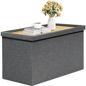 B FSOBEIIALEO Storage Ottoman with Tray, Linen Coffee Table Folding Long Shoes Bench Footstool, Dark Grey 30"x15.74"x15", Medium