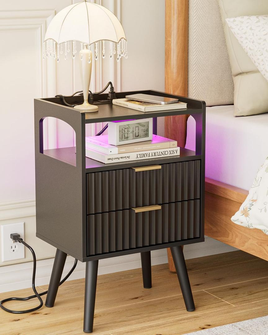 Nightstand with Charging Station, Small Bedside Table with Gold Frame, Morden Night Stand, End Table, Bedside Furniture, Side Table with Drawer and Shelf for Bedroom, Living Room (Black)