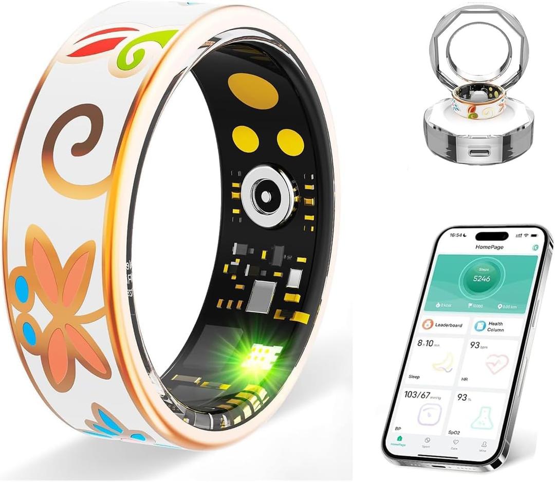DSHKISK Smart Ring for Women & Men, Fitness Tracker with Heart Rate, SpO2, Blood Pressure & Sleep Monitoring, IP68 Waterproof, Long Battery Life, No Monthly Fees, for iPhone Android (8#&Floral) (Gold)