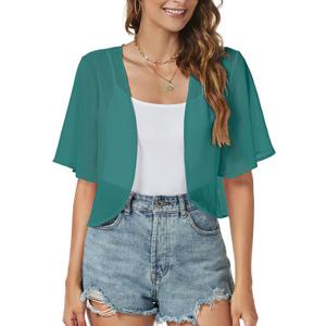 Women Shrug Chiffon Cardigans Open Front Short Sleeve Bolero for Evening Dressy (Medium, Blue Green)