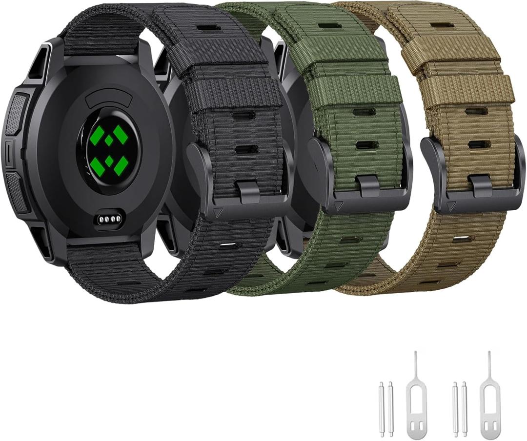 for Garmin Instinct Watch Band, Rugged Nylon Replacement Strap for Instinct 2 Instinct 3 45mm, Compatible with Garmin Instinct Solar, Tactical, Tide Esports, Sport Outdoor Work Use Replacement Band (3 Pack Black+Khaki+Green (Black Buckle))