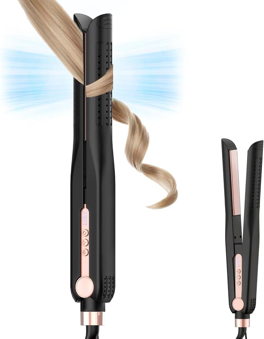 SKIMI Airflow Styler, Titanium Flat Iron Hair Straightener, Professional Curling Iron with Cooling Air Vents to Lock in Style, 5 Temps & Dual Voltage, Auto Off (Black & Bright Champagne).