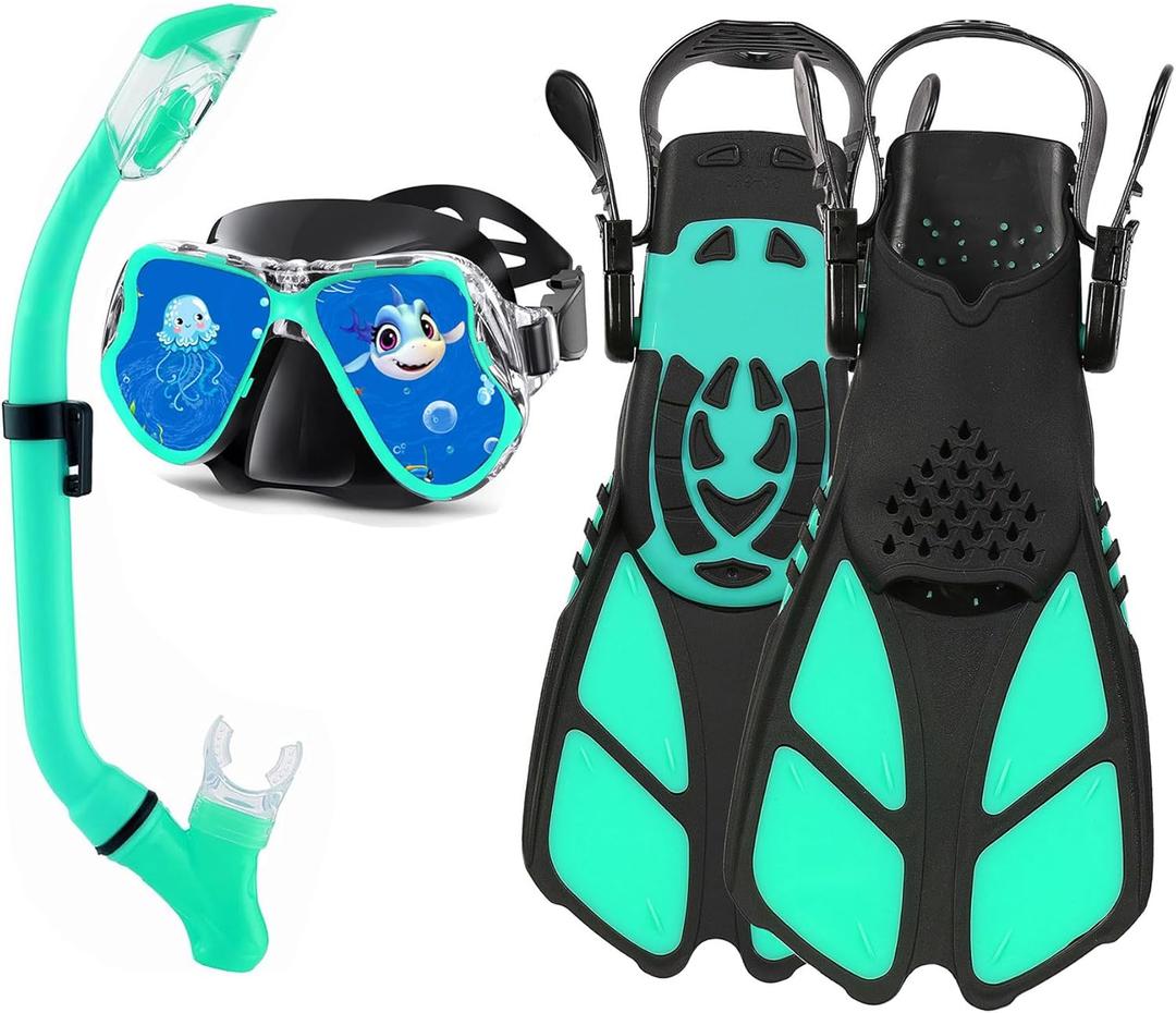 Snorkeling Gear for Adults with Fins Scuba Diving Gear Adult Professional Travel Snorkel Sets with Flippers,Anti-Fog Anti-Leak Diving Mask (US Kids 1-4, Aqua Black Kids)