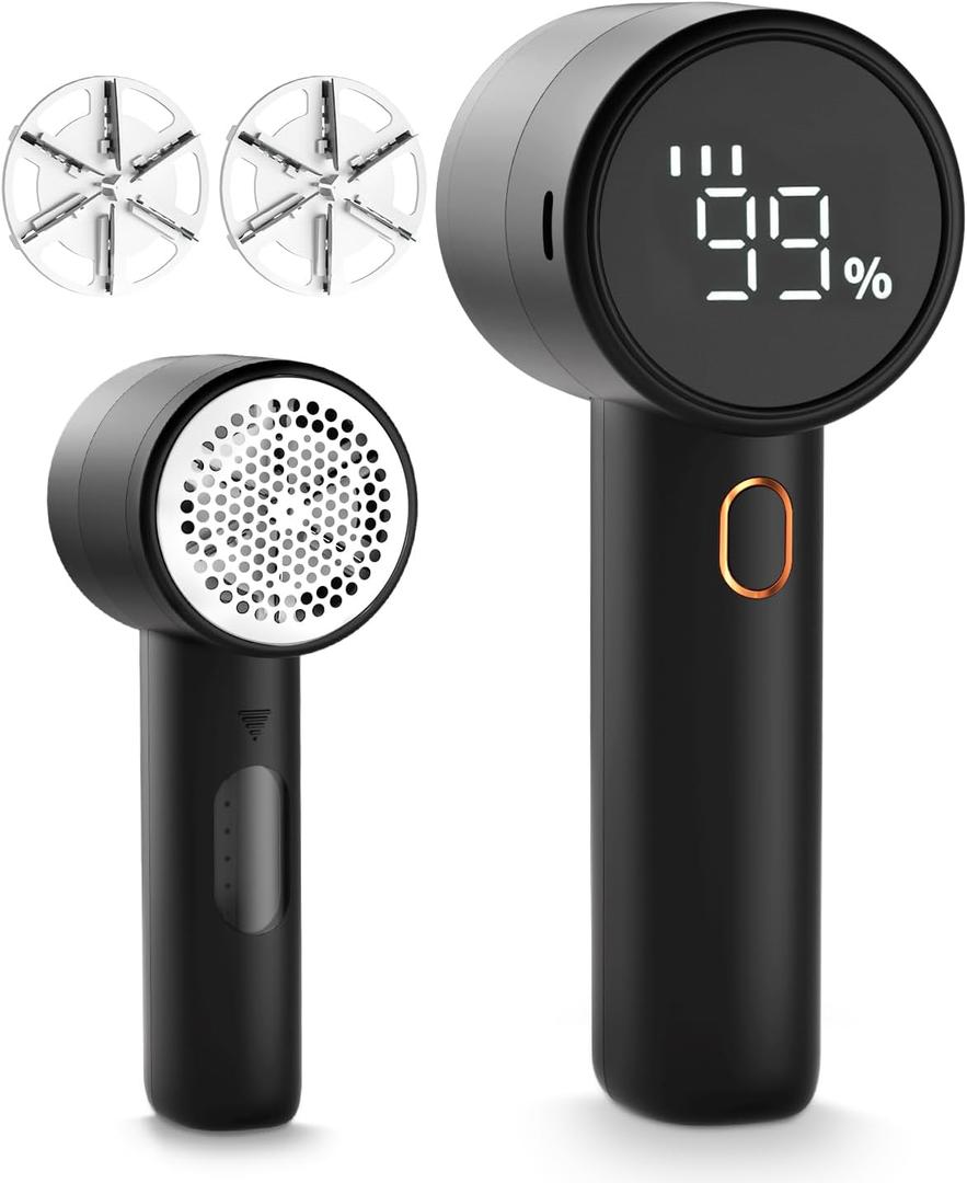 Fabric Shaver, Lint Remover Rechargeable, Electric Portable Sweater Defuzzer with 3 Speeds, 6 Leaf Blades, Digital LED Display to Remove Pilling for Clothes, Furniture, Sweater, Couch, Blanket (Black)