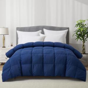 Luxury Goose Feather Down Fiber Comforter Queen Size, 300TC Blue Cotton Blended Duvet Insert, All Season Hotel Bedding Alternative Down Comforter with Corner Tabs (Blue, Queen)