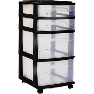 HOMZ Drawer Tower, 4-Tier Clear Plastic Storage Organizer Cart, Black Frame - Multi-Purpose Rolling Drawers with Wheels for Bedroom, Bathroom, and Office Organization (1 Pack, Clear/Black)
