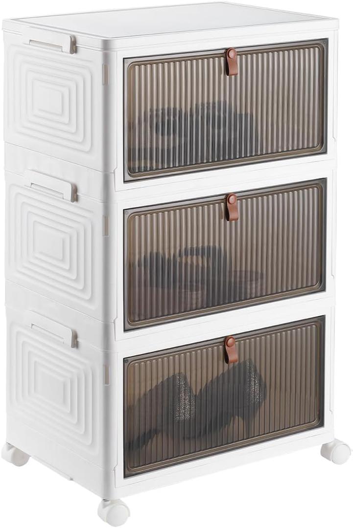 3-Tier Plastic Multi-layer Storage Bins with Doors and Wheels Stackable Shoe Box Closet Folding Storage Containers Collapsible Storage Bin for Home and Office