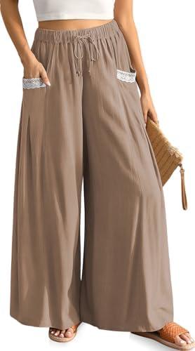 TARSE Women's Linen Wide Leg Pants Flowy Palazzo Trendy Casual Lounge Boho Drawstring Trousers Summer Beach with Pockets M