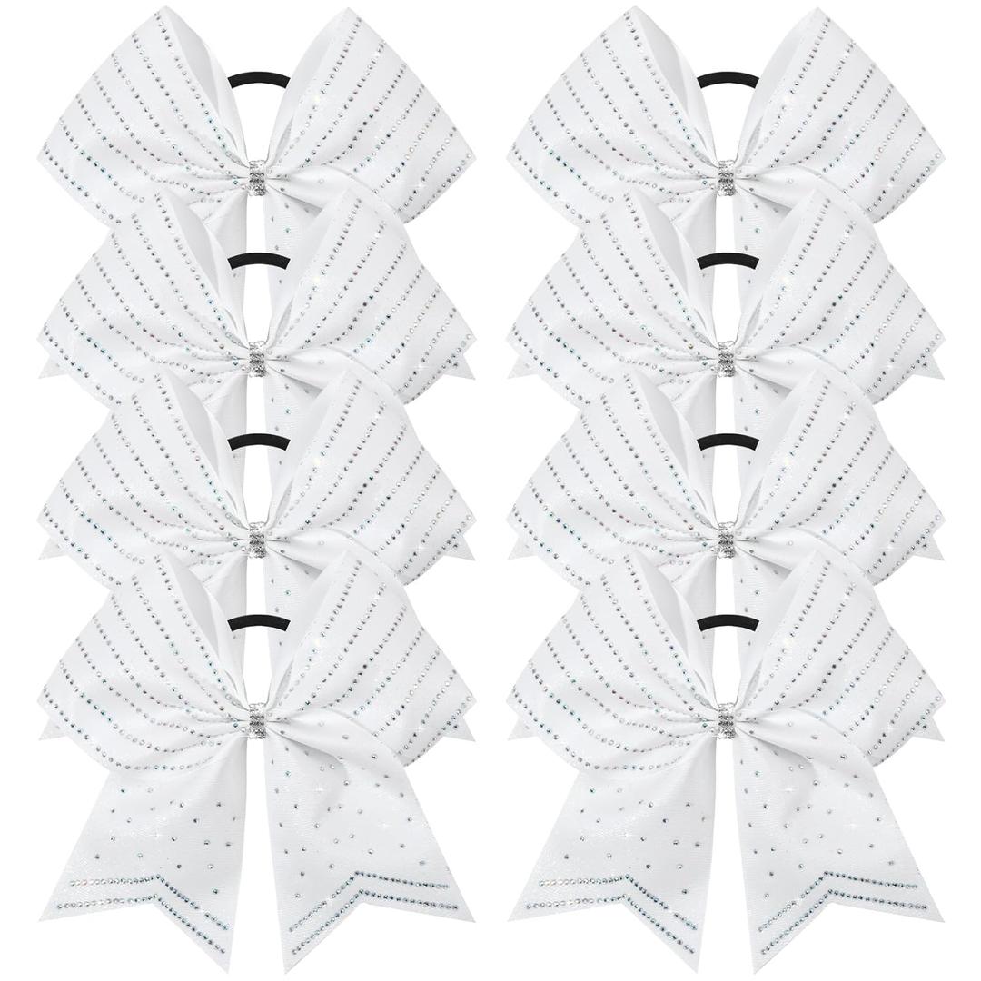 DEEKA 8PCS White Stripes Glitter Cheer Bows with Iridescent Rhinestones Large 8" Competition Cheer Hair Bows Elastic Band Ponytail Holder for Cheerleader Girls Softball Football Sports (White)