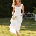 KUTUMAI Lace Corset Midi Dress Tie Flowy Summer Spring Wedding Guest Dresses for Women Sundress with Pockets (White, XL)