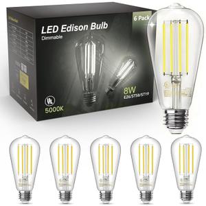 TJOY Edison Light Bulbs 60W Equivalent, Dimmable Vintage LED Light Bulbs, E26 Medium Base, 5000K Daylight, ST58, 8W, 800LM, Ultra-Bright, 80+CRI, Antique Decorative LED Filament, Clear Glass, 6 Pack (5000k Daylight White)
