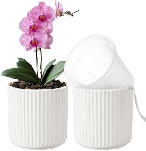 TineDew 2 Pack of 5in Ceramic Cachepot with 5 inch Clear Nusery Pot - Self Watering Indoor Planter with Drainage for Root Visibility, Semi Hydro Pots For Repotting Orchid,White