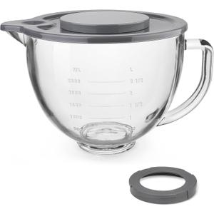 Glass Mixing Bowl Accessory 5 Quart - Compatible with KitchenAid 4.5 and 5 Quart Tilt-Head Stand Mixers (With Lid & Lock Ring)