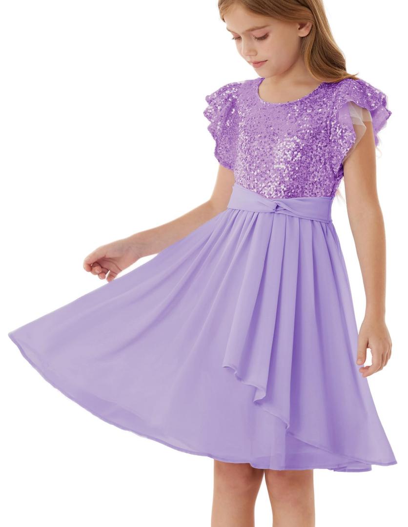 GRACE KARIN Girls Sequin Party Dress Birthday Prom Formal Fancy Midi Dress, Purple, 12Y (Purple)