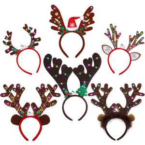 Fovths 6 Pack LED Christmas Headband Reindeer Antlers Headband Light up Antlers Headwear Reindeer Christmas Costume Accessories for Xmas Party Holiday Decorations