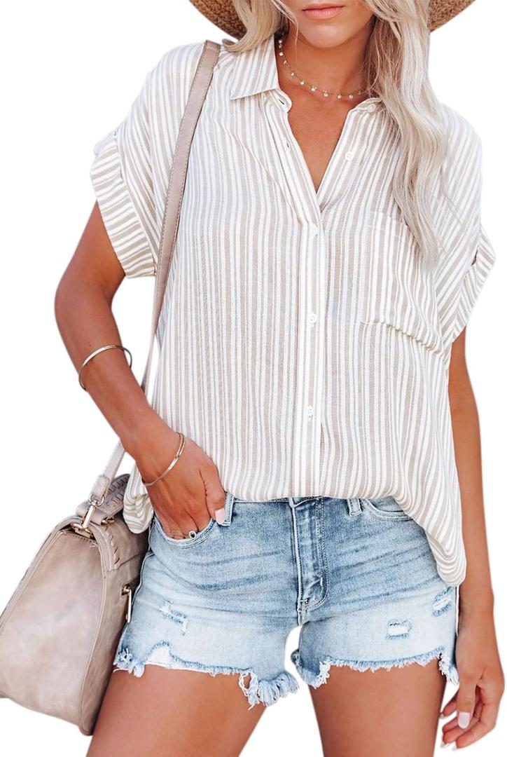 Womens Button Down Shirts Short Sleeve Summer Linen V Neck Collared Stripes Casual Blouses Tops with Pocket (S, Ac White&khaki_stripes)