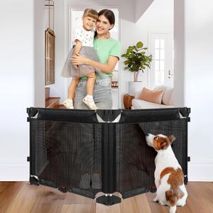 27.5" Tall Easy Step Over Pet Gate, 55" Wide Folding Retractable Baby Gate Indoor Dog Barrier, 2 Panel Folding Dog Gate Baby Fence Gate, Mesh Dog Gates for Doorways Short Baby Gate for Stairs, Black