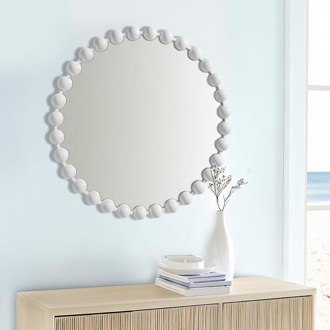 Madison Park Round Mirror, Metal Frame Circle Mirror 27 inch, Wall Art Decor Mounted Hanging for Entryway, Bathroom, Hallway, Living Room, Vanity, Marlowe, White