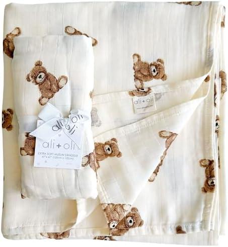 Ali+Oli Muslin Swaddle Blanket for Baby (Teddy Bear) Large 47" x 47" Soft Rayon Made from Bamboo & Organic Cotton, Machine Washable Receiving Blanket Wrap for Newborn to Toddler