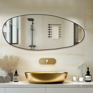 Mirrorons Irregular Wall Mirror 63×24, Black Asymmetrical Bathroom Mirror, Oval Aesthetic Mirror, Full Length Mirror, Shatterproof Black Bathroom Mirrors