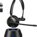 Wireless Headset with Mic for Work, AI ENC Noise Cancelling for Clear Call & Meeting, Single Ear Work Headset with Charge Stand for Remote & Office. Bluetooth 5.3 & USB 2.4G Dongle for Zoom & Teams