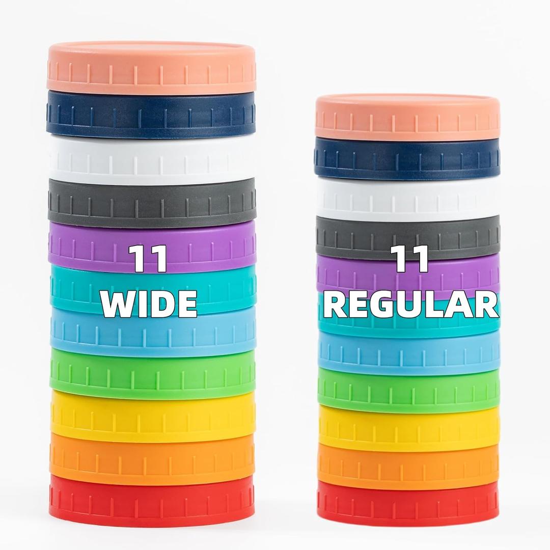22 Pack Plastic Mason Jar Lids, 11 Wide Mouth & 11 Regular Mouth with Silicone Rings, Thickened Leak-proof Lids Fit Ball, Kerr and More, 86mm & 70mm (Multicolored)