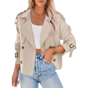 Saodimallsu Women Crop Double Breasted Trench Coat Raglan Sleeve Work Office Cropped Jacket With Pockets (X-Large, Light Khaki)