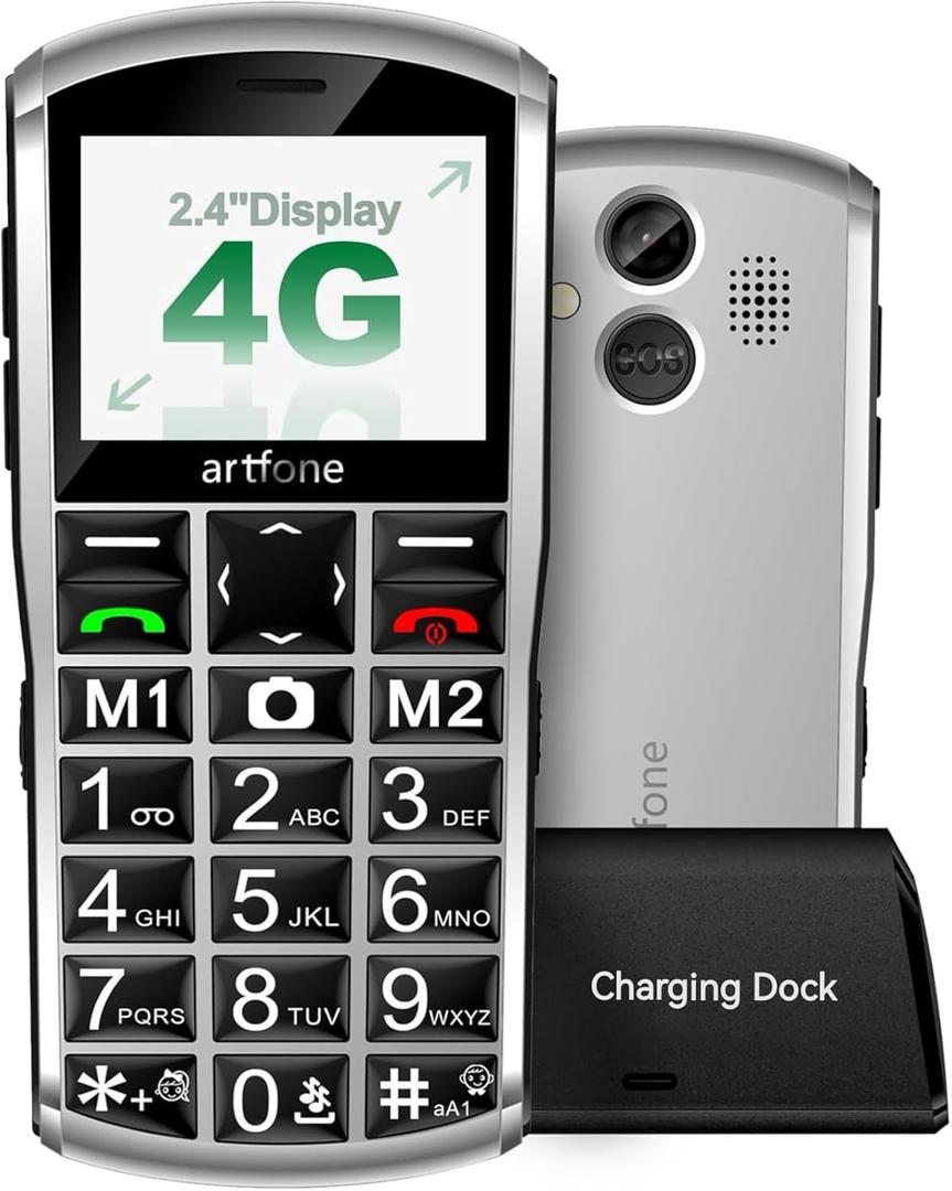 4G Volte Big Button Cell Phone for SeniorsEasy-to-use Unlocked Phones with SOS Button2MP Camera2.4" LCDSuper-Loud SpeakerSpeed Dial1800mAh BatteryCharging DockDual-Nano SIM - Silver