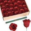Artificial Roses, 30PCS Red Glitter Silk Roses for Wedding Bouquet, Party, Christmas, Home Decor