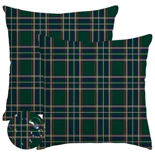 RABUSOFA Christmas Pillow Covers 18x18 Inch Set of 2 Indoor Outdoor Waterproof Scottish Tartan Plaid Classic Throw Decorative Cushion Cases for Christmas Decor Decorations Couch Patio Dark Green