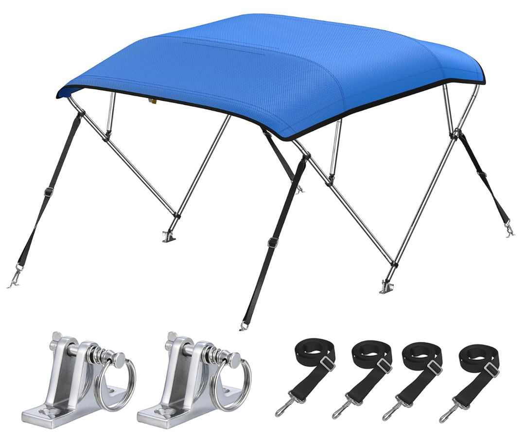 KAKIT 4 Bow Bimini Top for Boats, Marine Grade Canvas Top Heavy Duty Oxford Boat Canopy Adjustable 4 Straps Zippered Storage Boot Metal Base (3 Bow 6'L x 46" H x 79"-84" W,Blue)