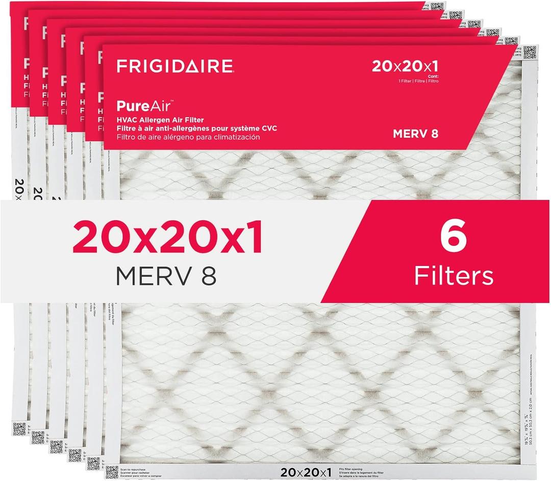 Frigidaire PureAir 20x20x1 MERV 8 Allergen Electrostatic Pleated Air Conditioner HVAC AC Furnace Filters - 6 Pack (exact dimensions 19.81 X 19.81 X 0.81)