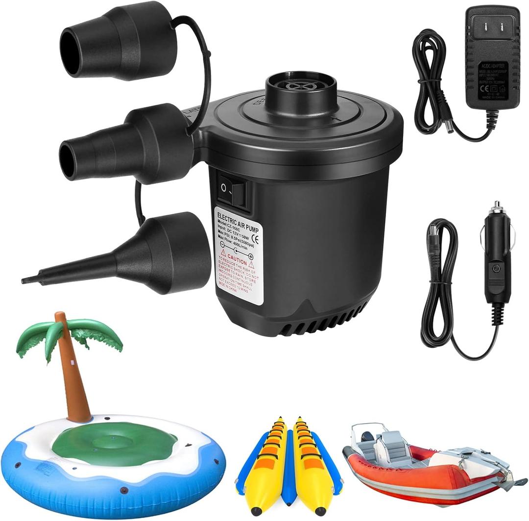 Air Pump for Inflatables, Portable Quick-Fill Electric Air Mattress Pump with 3 Nozzles, Inflator & Deflator Pumps for Outdoor Camping, Pool Floats, Inflatables Couch, Swimming Ring, 12V DC/110V AC