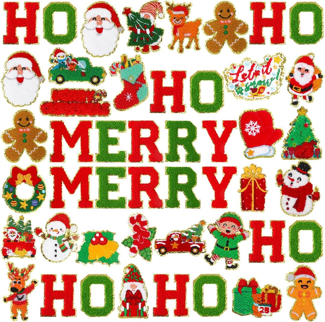 48 Pcs Christmas Iron on Patches Xmas Merry Hohoho Chenille Patches Santa Gingerbread Man Elk Embroidery Applique Patch Bulk for Christmas Clothing, Jackets Bag Dress Hats DIY Accessory